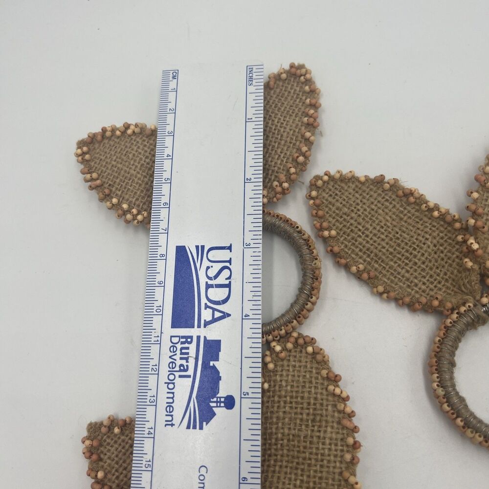4 Nicole Miller Napkin Ring Easter Bunny Ears Beaded Burlap Tan Set Shabby Chic - Picture 6 of 9
